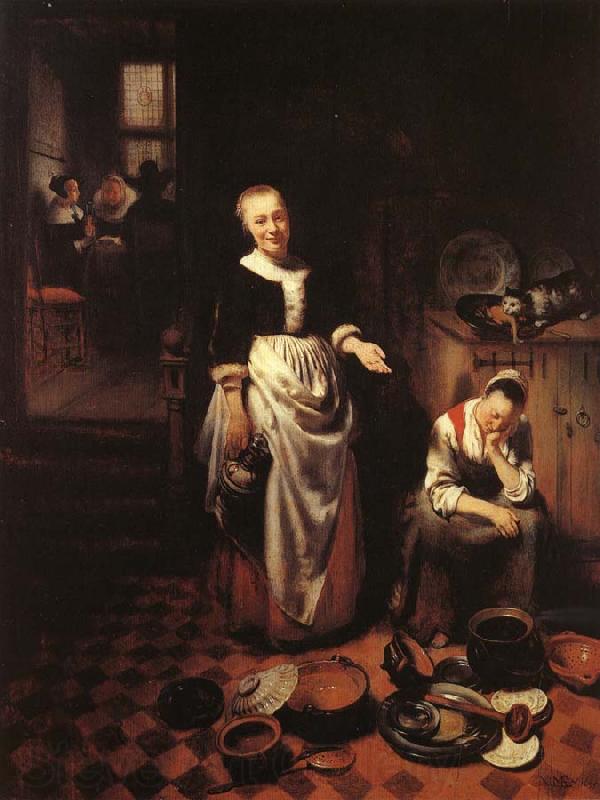 MAES, Nicolaes Interior with a Sleeping Maid and Her Mistress Norge oil painting art